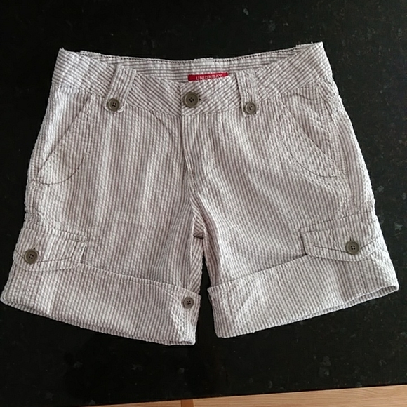 UNIONBAY Pants - Union Bay Stripe Tab Button Cuff Pocket Shorts Junior 3 White Brown Gray